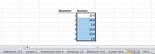 excel statusleiste